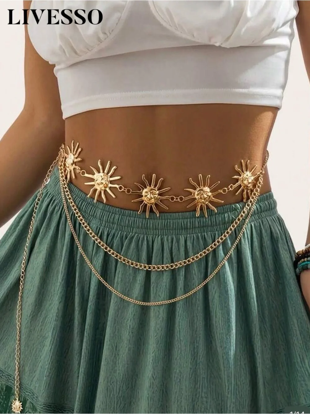 Gold Sun Charm Layered Waist Chain - Picture 2 of 6